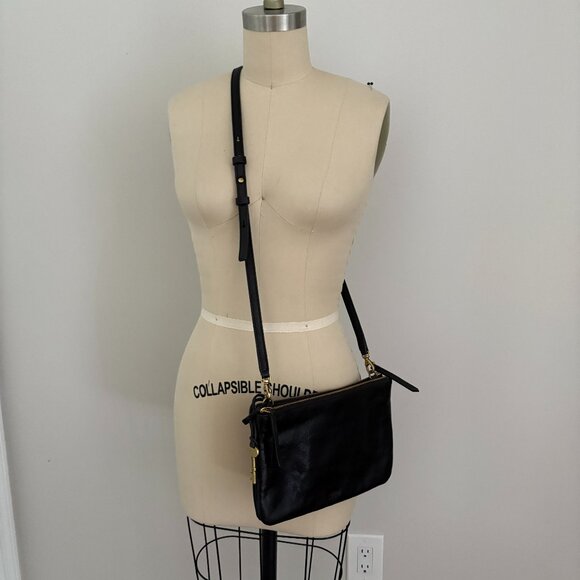 Fossil Devon Double Zip Crossbody Black Leather with Key Charm - Picture 1 of 8